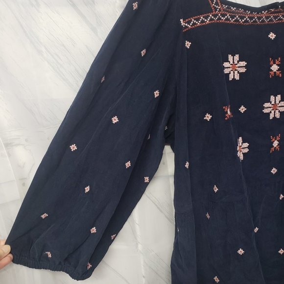 Madewell Navy Corduroy Embroidered Button Up Peasant Blouse Size 2X - Picture 5 of 14